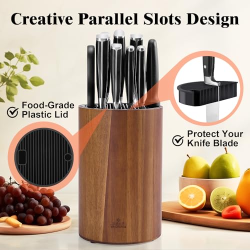 ENOKING Acacia Wood Knife Block with Storage for Scissors and Sharpening Rod