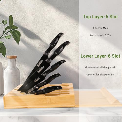 Bamboo Knife Drawer Organizer, Kitchen Drawer Insert for 12 Knives & Sharpening Steel