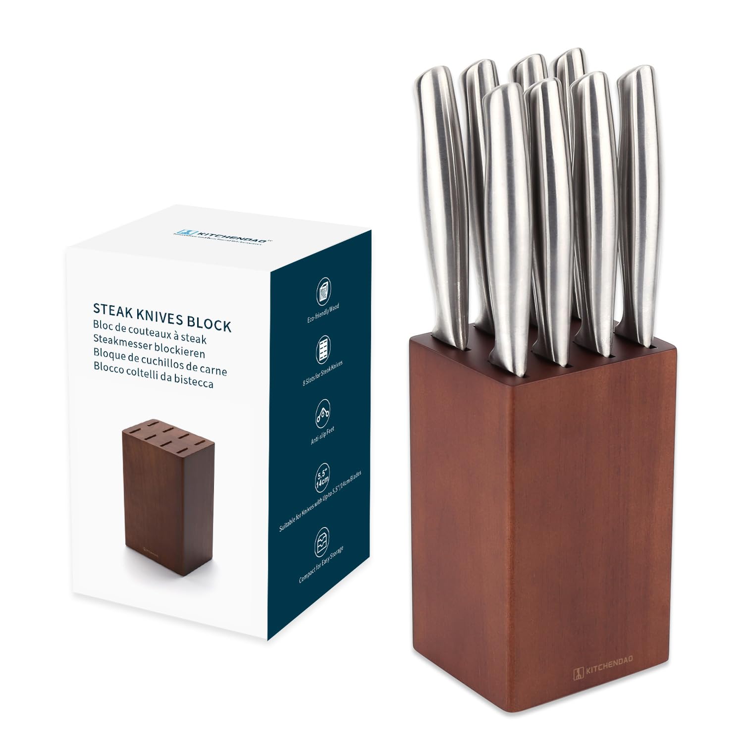 KITCHENDAO 8-Slot Wooden Steak Knife Block Holder - No Knives