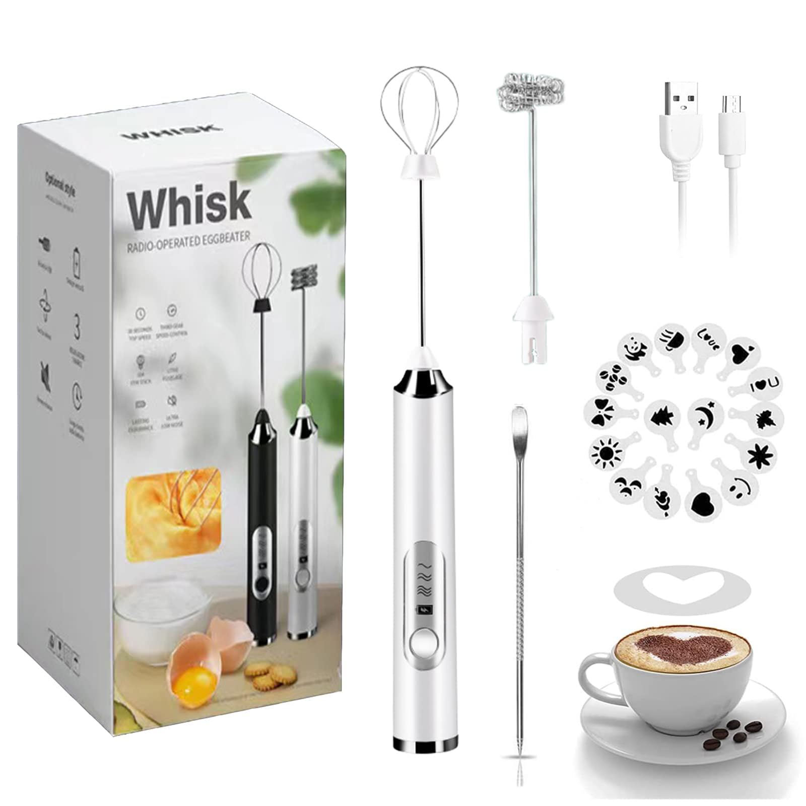 White 3-Speed Rechargeable Milk Frother with 2 Whisks & Decoration Tool