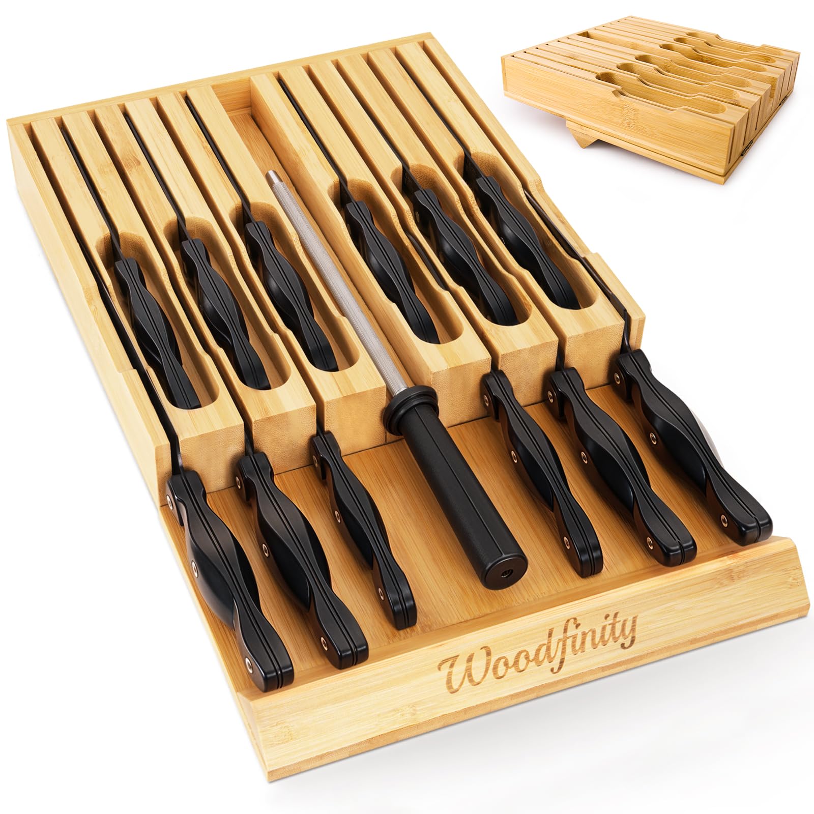 Bamboo Knife Drawer Organizer, Kitchen Drawer Insert for 12 Knives & Sharpening Steel