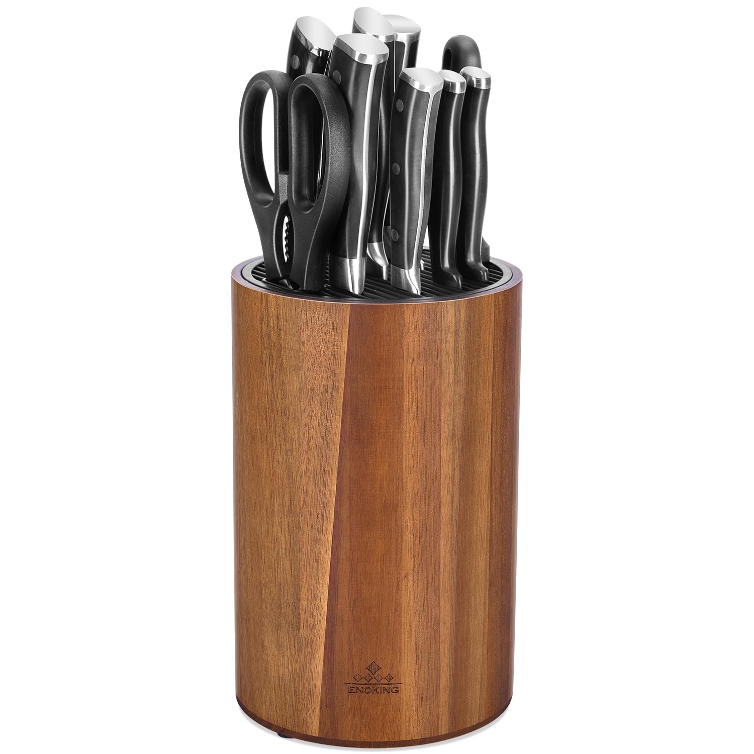 ENOKING Acacia Wood Knife Block with Storage for Scissors and Sharpening Rod