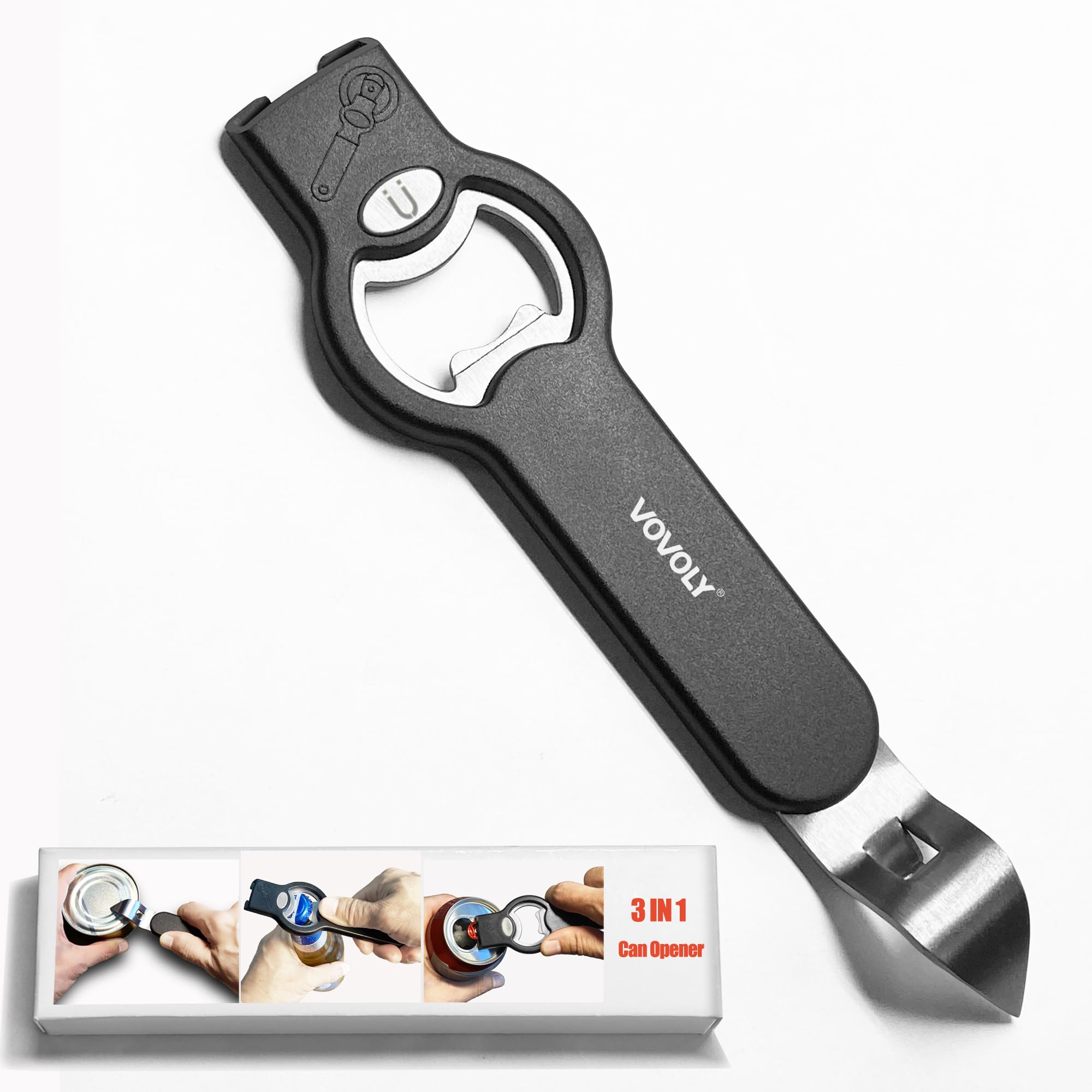 3-in-1 Magnetic Bottle & Can Opener, Stainless Steel Can Punch with Cap Catcher